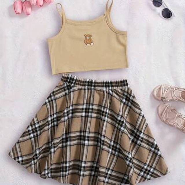 SHEIN Tween Girls Korean School Style Cartoon Bear Camisole Top + Plaid Mini Skirt Set