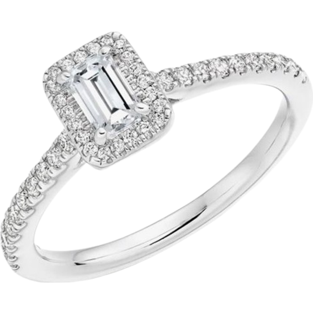 Platinum Halo Cluster Emerald-Cut Diamond Engagement Ring (L) ENG4043 - Silver