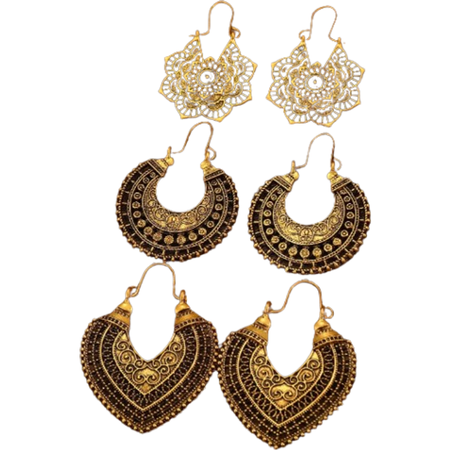 SHEIN 3pairs Vintage Boho Style Hollow Floral & Geometric Lines Earring Set, Suitable For Women
