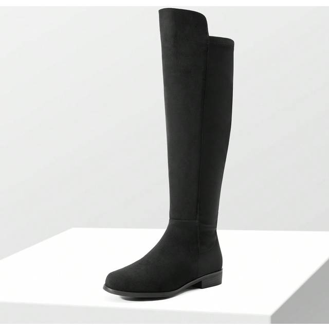 SHEIN Women Reserve Tall Boots, Flat Low Heel Stretchy Knee High Boots Comfortable Round Toe Suede Slouch Side Zipper Fashionable Solid Color Boots