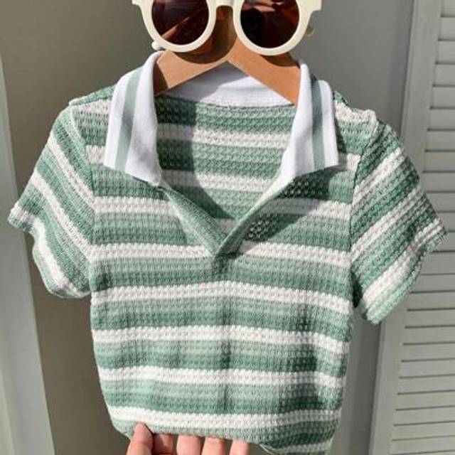SHEIN Baby Boy Cute Summer Versatile Green Striped Polo Shirt