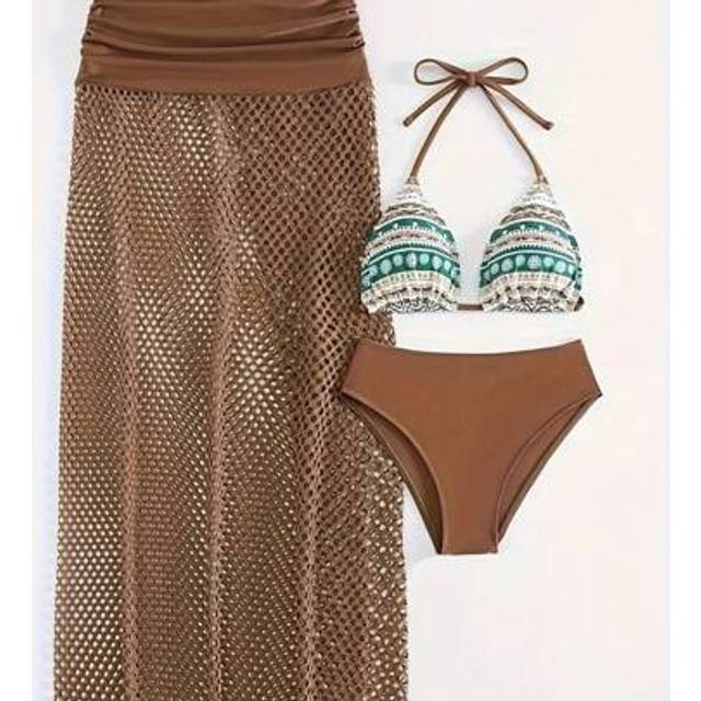 SHEIN Print 3 Pieces Set Bikini, Halter Neck High Cut With Hollow Out Cover Up Skirt Swimsuits, Women&#39;s Swimwear & Clothing