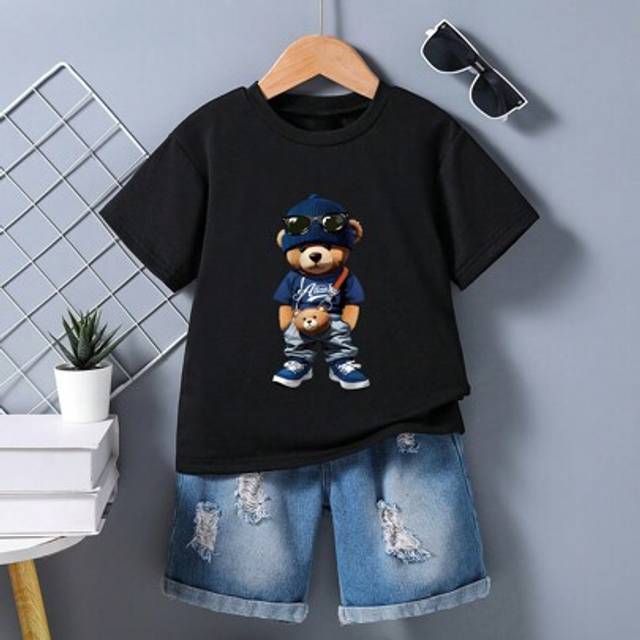 SHEIN Tween Boys Cute Bear Print Short Sleeve Shirt And Distressed Denim Shorts Set