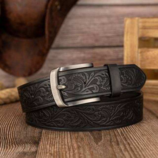 TEMU Preppy Style Men's Embossed Pu Leather Belts With Vintage Leaf Pattern And Alloy Shaped