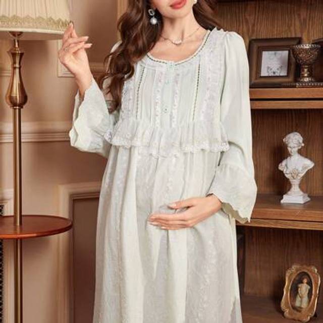 SHEIN Palace Style Embroidered Loose Fit Maternity Maxi Nightshirt, Round Neck, Long Sleeve Luxe Loungewear, Vacation