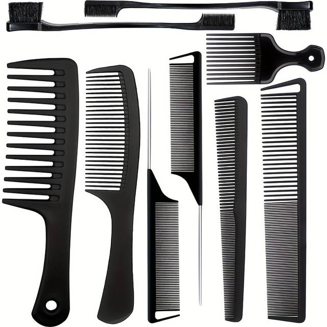 TEMU 9pcs Professional Hair Styling Comb Set For - Fine Tooth Combs In Abs Plastic & Metal, Includes Detangling & Rat Tail Combs For All Hair Types