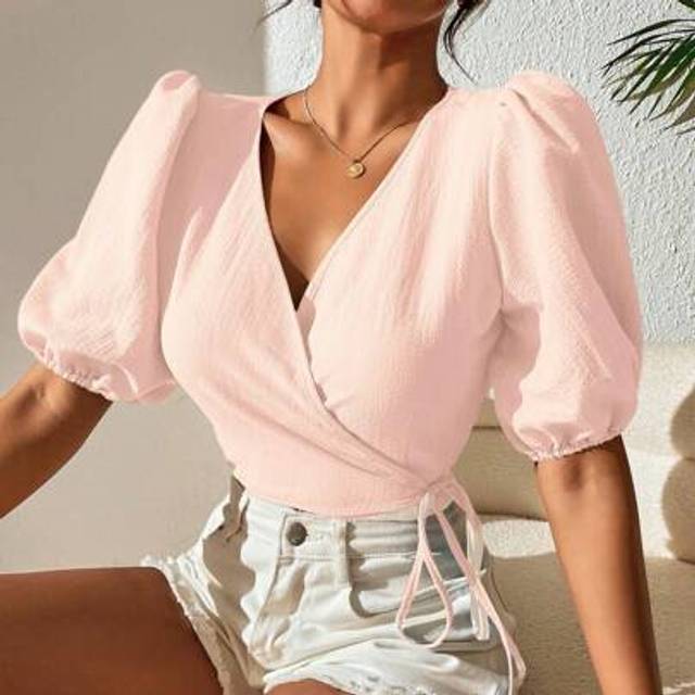 Calvaya Solid Color Bubble Sleeve Wrap Tie Crop Top Women Shirt