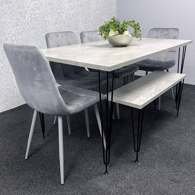 Kosy Koala Grey Dining Table With Hairpin Legs, Bench & 4 Grey Velvet Chairs Set For Kitchen & Dining Room, Multi