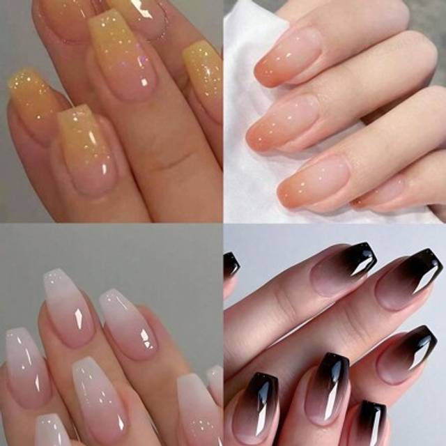 SHEIN 96Pcs (4 Packs) Gradient French Press On Nails Medium Pink Yellow Orange Black Artificial Acrylic Fake Nails Ballet Shaped False Nails Full Cover Reus