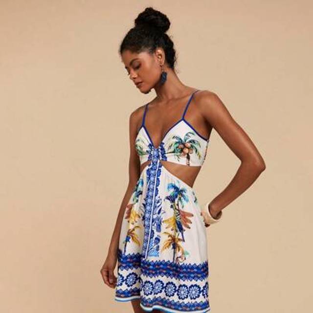 Travachic Women&#39;s Tropical Print Cutout Waist Spaghetti Strap Vacation Dress,Summer Outfits For Women,Beach Outfits For Woman,Western Wear Women,Concert Outfit