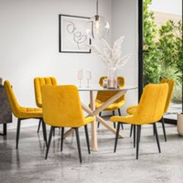 (Mustard) Malvern Round Glass Dining Table Set w Oak Legs w 4-6 Nova Velvet Chair