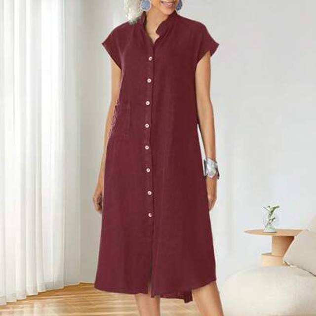 SHEIN Women&#39;s Summer Button Down Dresses Solid Cotton Linen Dress V Neck Cap Sleeve A Line Dress