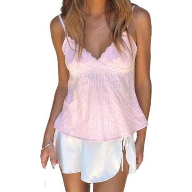 SHEIN Women Cami Tank Top Spaghetti Straps V-Neck Camisole Lace Patchwork Vest Y2k Slim Fit Crop Tops Summer Going Out Tops Party Club Streetwear