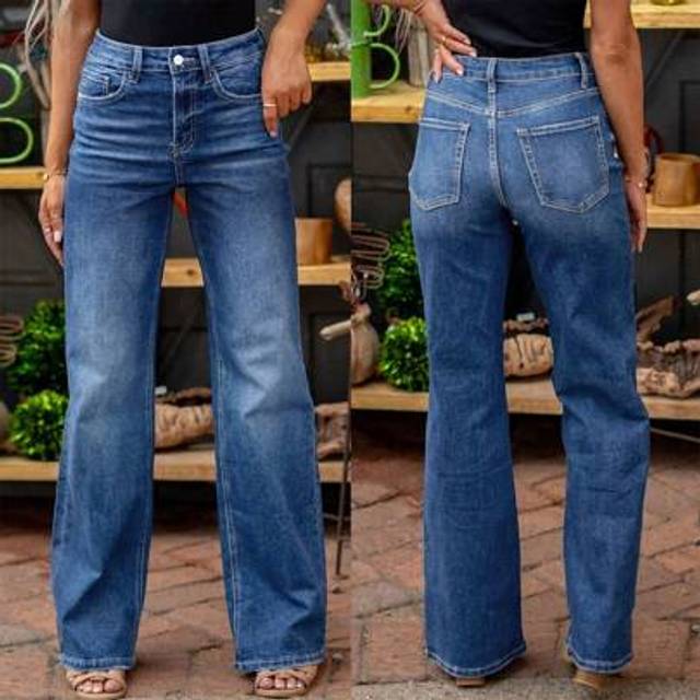 SHEIN 2025 New Women&#39;s High-Waisted Straight-Leg Jeans - Vintage Washed Dark Blue Denim, Slim Fit With Built-In Zipper Closure, Machine Washable Casual Pant