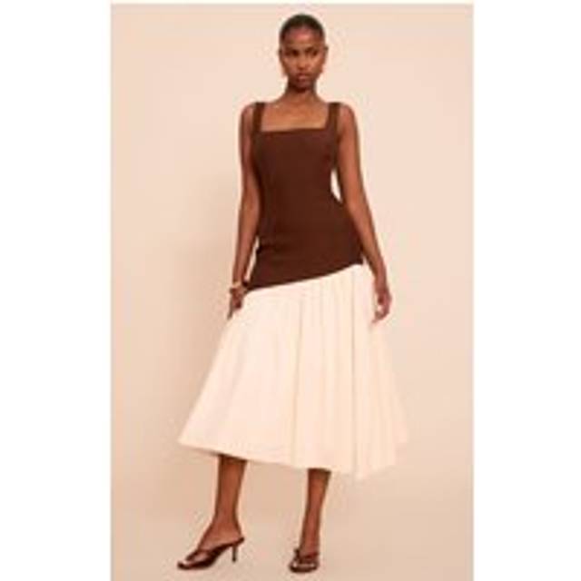 Chocolate Contrast Pleated Hem Square Neck Midaxi Dress, Chocolate - 12