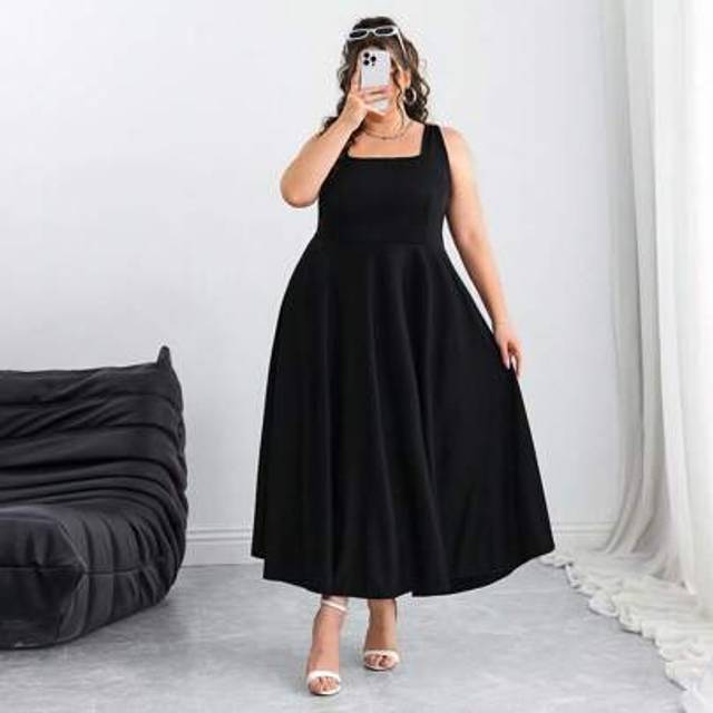 SHEIN Plus Size Women&#39;s Square Neck Sleeveless Waist Lace Up Swing Dress, Long Dress, Small Black DressbeachÂOutfitsÂForÂWoman/BeachÂDress/BeachÂVacati