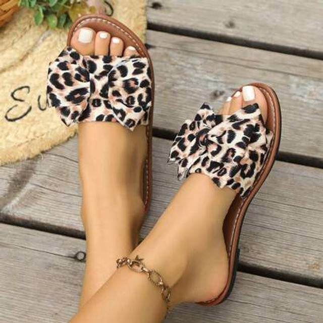 SHEIN Women&#39;s Fashion Leopard Bowknot Flat Sandals, Suitable For Party, Birthday Gift, Outdoor