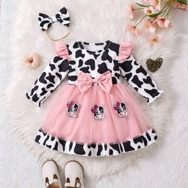SHEIN 2pcs/Set Baby Girl Girl Cute Cow Print Bow Contrast Mesh Long Sleeve Dress, Suitable For Autumn/Winter
