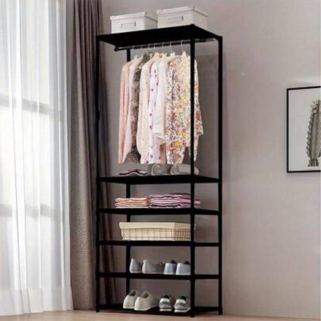SHEIN Heavy Duty Clothes Rail Garment Hanging Rack Shoe Storage Shelf Display Black