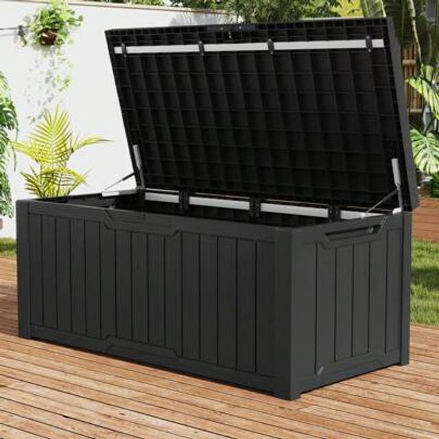 SHEIN 120 Gallon Outdoor Storage Bench With Cushion - Waterproof Deck Box For Garden Tools, Patio & Pool Accessories - Lockable, Converts To Table