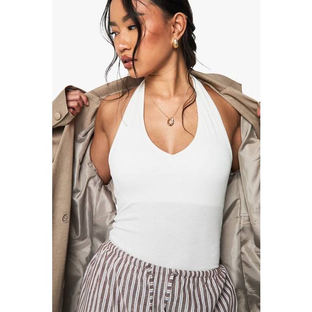 Womens Built In Padded Soft Ribbed Plunge Halter Neck Top - White - 16