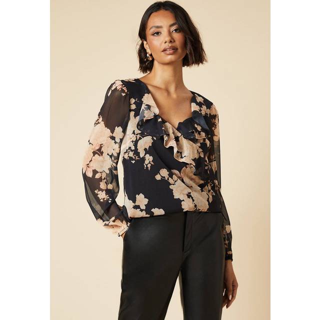 Dorothy Perkins Ochre Floral Chiffon Ruffle Neckline Long Sleeve Blouse In Black - black - 12