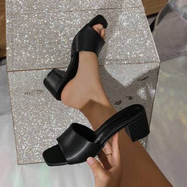 SHEIN 2024 Summer Fashion Women&#39;s Casual High Heel Sandals, Simple Chunky Heel Mules
