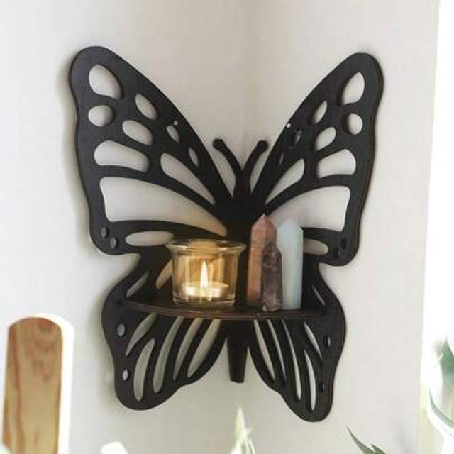 SHEIN Wooden Hollow Butterfly Crystal Wall Shelf, Simple Home Decor, Bedroom Ornaments