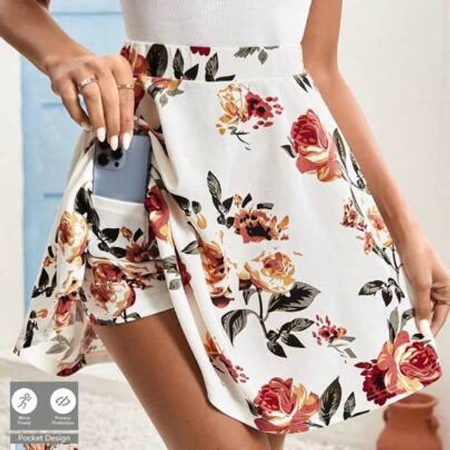 SHEIN Floral Printed Mini Skirt Summer Pattern Printed Skort With Built-In Shorts Cottagecore, White Skirt, Wedding Season
