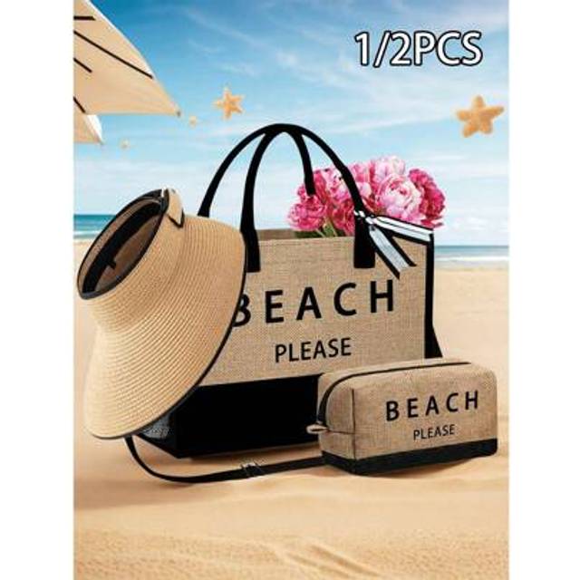 SHEIN Beach Tote Bag With Sun Hat For Women, Small Square Bag For Beach Accessories,With Women Beach Hat Ladies&#39; Khaki Wave Beach Sun Hat, Shoulder Bag, Han