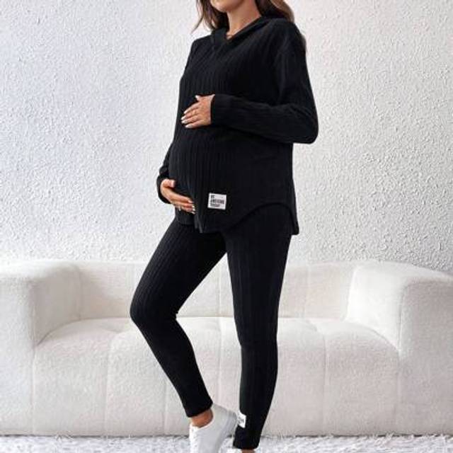 SHEIN 2pcs Maternity Spring/Summer Letter Print Hoodie Long Sleeve Top And, Pants Casual Outfit