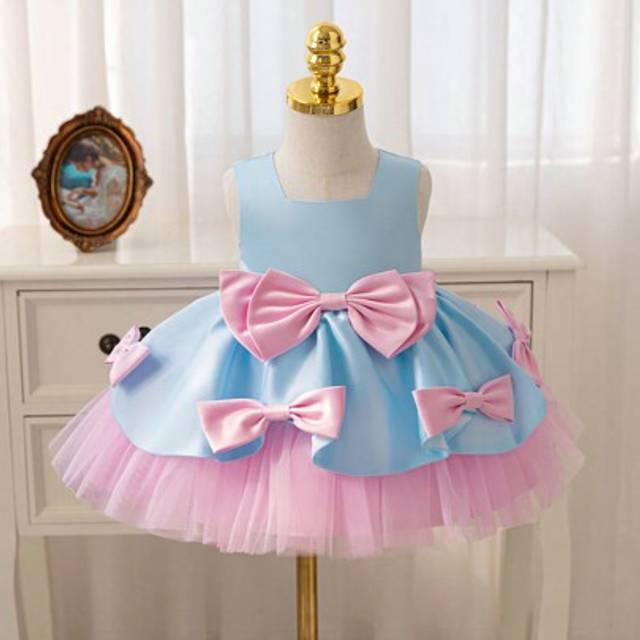 SHEIN Baby Girl Christmas Partywear Santa Dress, New Years Dress - Satin Bow & Contrast Color Mesh Puff Skirt Birthday Outfit