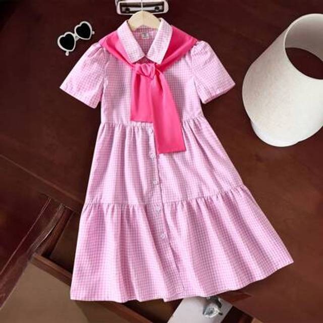 SHEIN Plus Size Girls Casual School Style Cute Pink Striped Shirt Dress & Tween Girl Cape Sleeve Dress Set