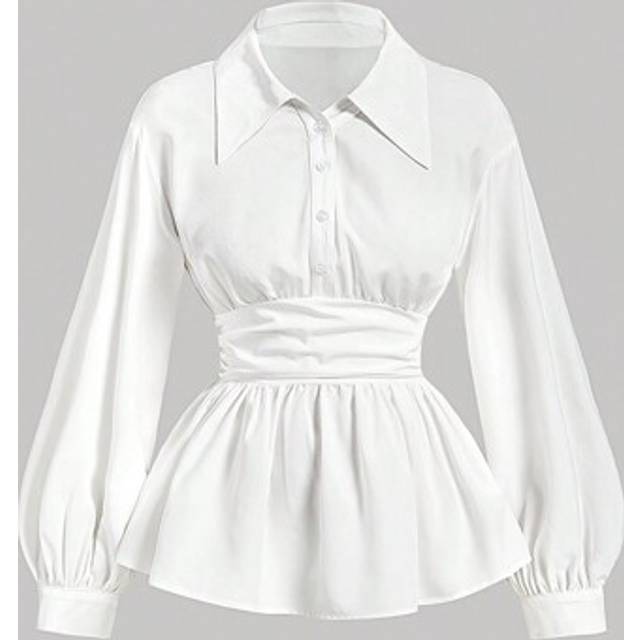 SHEIN Women&#39;s Turn-Down Collar Long Sleeve Ruched Ruffle Hem White Blouse,White Women Blouses,Button Up Women Shirt,Long Sleeve Women Shirts,White Button Up