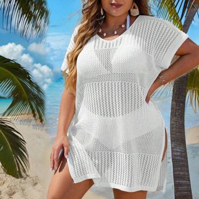 Swim Vcay Plus Size Women Solid Color Batwing Short Sleeve Hollow Out Cover-Up Dress, Holiday Wear