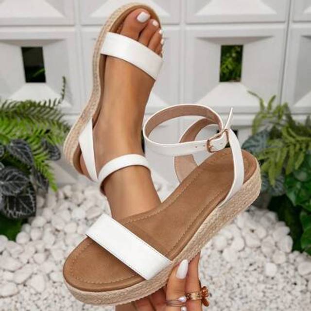 SHEIN Women&#39;s Fashion Solid Color Casual Rope Woven Thick Bottom Sandals, Bohemian Holiday Retro Platform Sandals, Canvas Sole Wedge Ankle Strap Sandals For