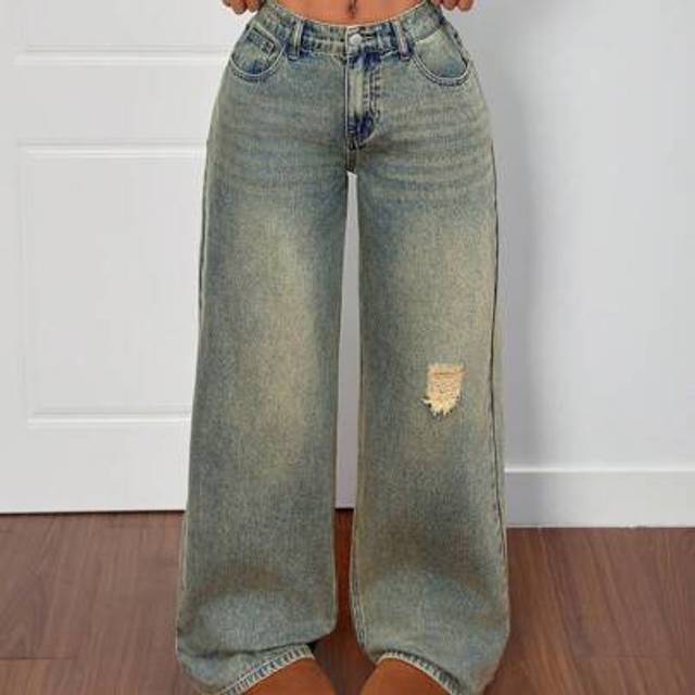 SHEIN Women&#39;s Loose Fit Low Waist Wide Leg Blue Jeans, Fall Women Clothes