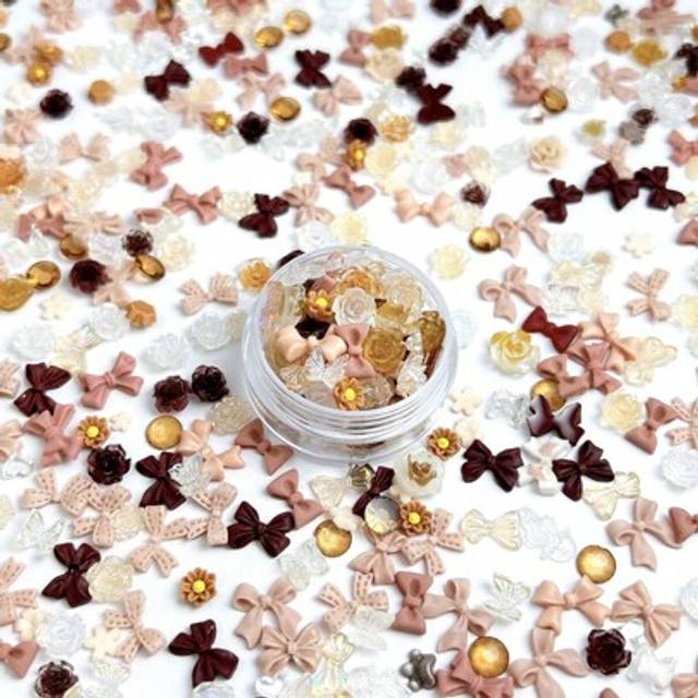 SHEIN 1 Box Brown Tone Resin Ribbon Bowknot Dye Dye Rose Daisy Flower & Crystal Nail Art Jewelry DIY Accessories