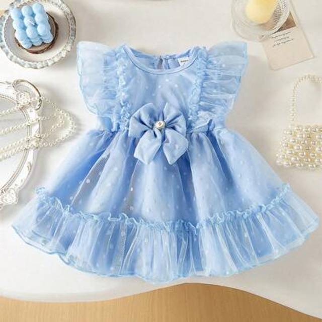 SHEIN New Arrival! Baby Girl&#39;s Polka - Dot Tulle Puff - Sleeve Waist - Cinching Dress With Bowknot Accessories And Ruffled Fluffy Skirt. This Dress Combines