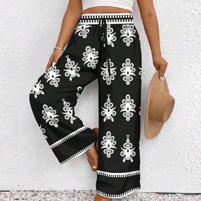 SHEIN Plus Size Women&#39;s Music Festival Style Gradient Holiday Retro Pattern Summer High Waist Lace Loose Casual Pants