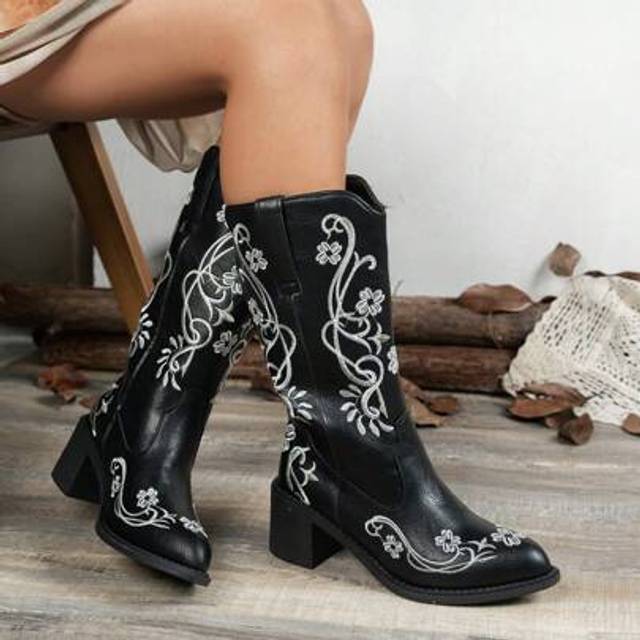 SHEIN Retro Embroidered Ankle Boots High Heels, Women&#39;s Pointed Toe Mid-Calf Boots, Thick Heel Anti-Slip Comfortable Slip-On Booties