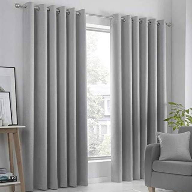 Fusion Strata Woven Dimout Ready Made Eyelet Curtains Silver - Grey/Silver