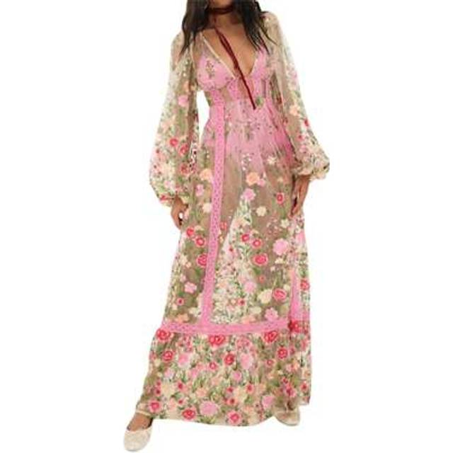 SHEIN Women&#39;s Summer Long Beach Dress Long Sleeve V Neck Backless Long Floral Bikini Cover Up