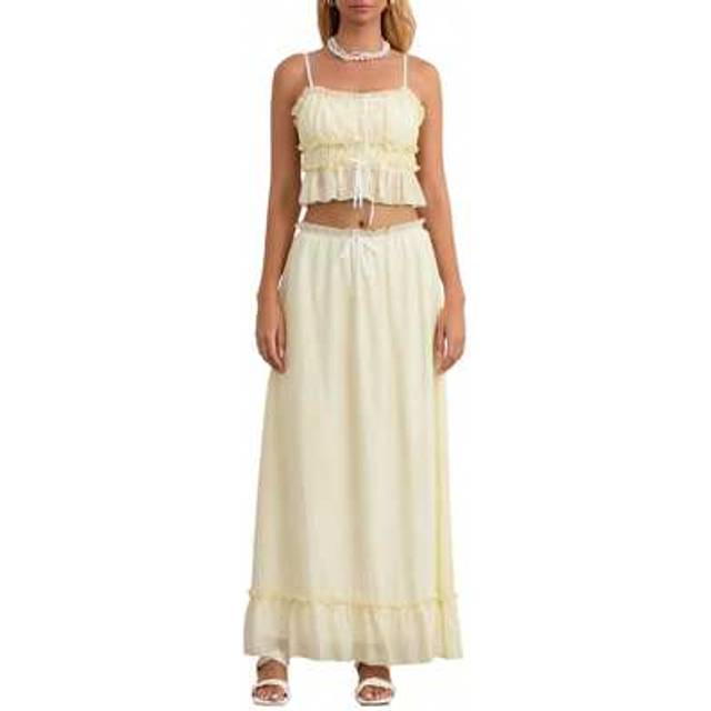 SHEIN Women Summer Beach Two Piece Cotton Linen Long Tie Up Skirt Set Y2k Sleeveless Lace Up Crop Tank Top Pleated Maxi Skirt Matching Set