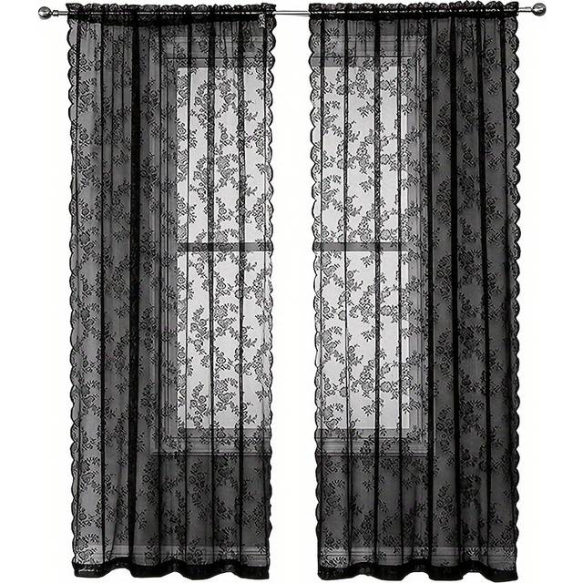 TEMU 1pc Black Vintage Floral Lace Curtain Panel - Semi- Filtering Rod Pocket Window Drapes For Living Room, 100% Polyester Wrinkle-resistant Decor, Privacy Window, Intricate