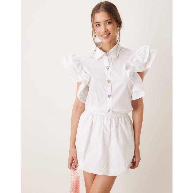 Sister Jane Ruffle Gem Button Shirt, White