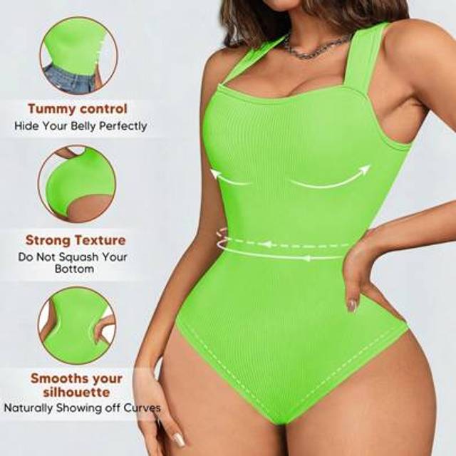 SHEIN Women&#39;s Bodysuits Sexy Ribbed Strappy Square Neck Sleeveless Tummy Control Tank Tops Bodysuits
