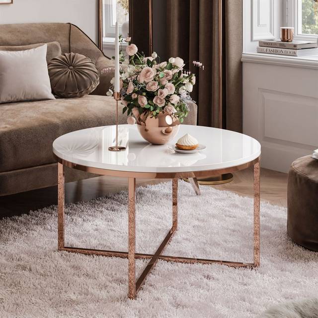 CIRI-X Round Coffee Table – Glossy Top with Copper Base - White Gloss