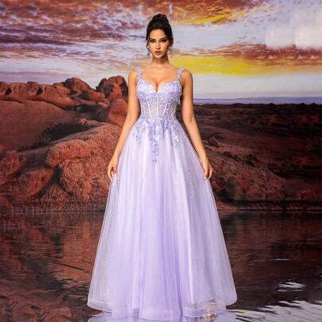 SHEIN Purple Tulle Slip Dress Long A Line Sparkly Embroidery Prom Dress, Elegant Semi Formal Dress, For Birthday, Wedding Guest, Graduation Homecoming Party