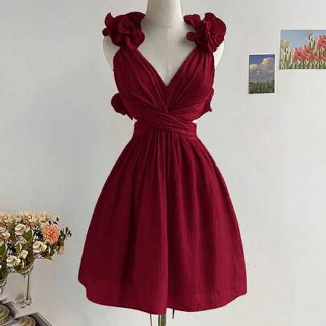 Soleia Women&#39;s Valentine&#39;s Day Red A-Line Ruffle V-Neck Backless Cross-Tied Waist Short Burgundy Dress, For Vacation & Back To School,Valentine Day,Dress For